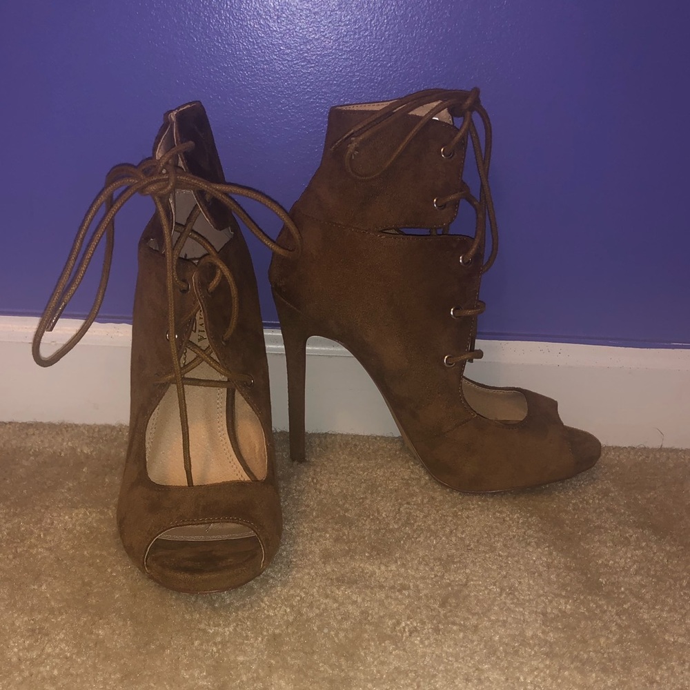 Brown open toe heels
